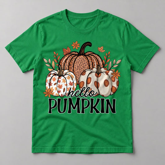 Hello Pumpkin Patterned pressed on a Kelly Green tee