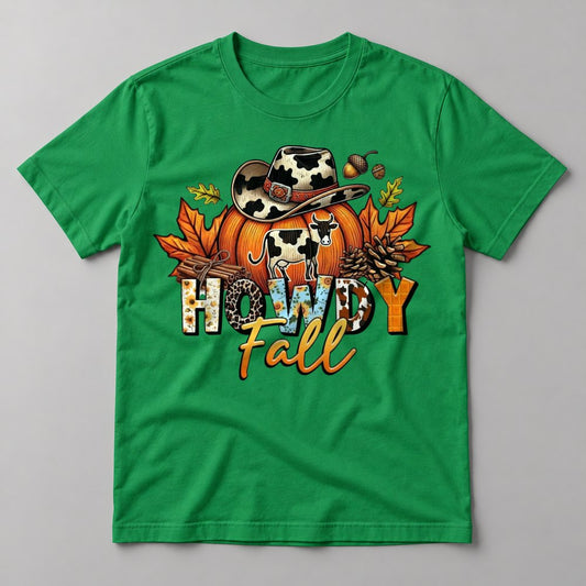 Howdy Fall Cow Pumpkin tee in Kelly Green