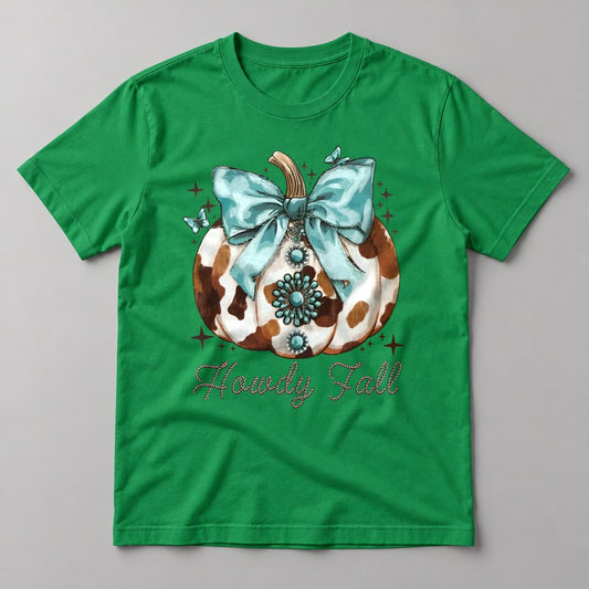 Howdy Fall pressed on a Kelly Green tee