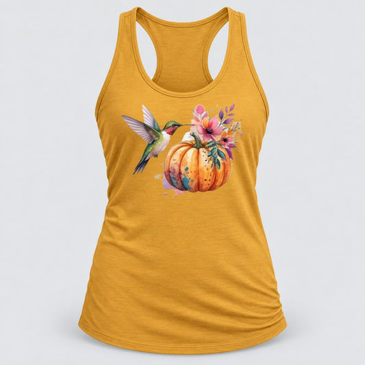 Hummingbird Pumpkin racerback tank in Antique Gold
