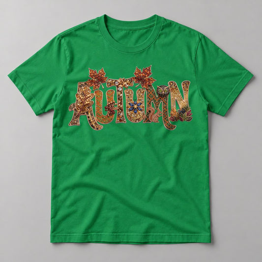 Jeweled Autumn Letters tee in Kelly Green