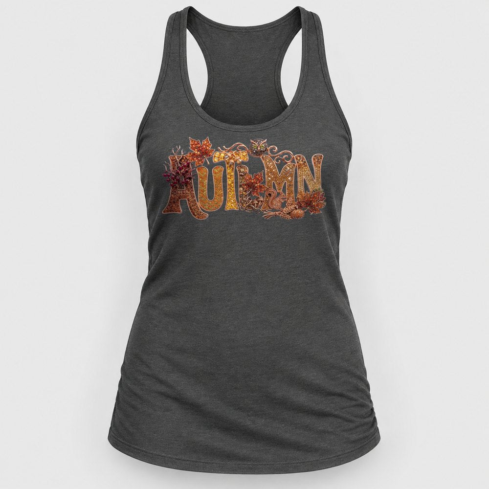 Jeweled Autumn Owl Letters Racerback Tank