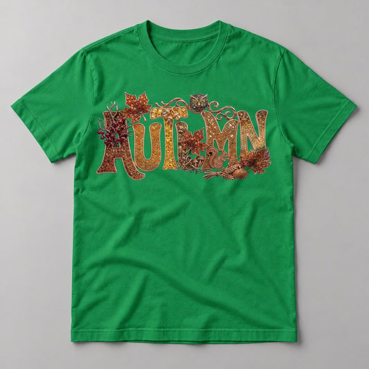 Jeweled Autumn Owl Letters tee in Kelly Green