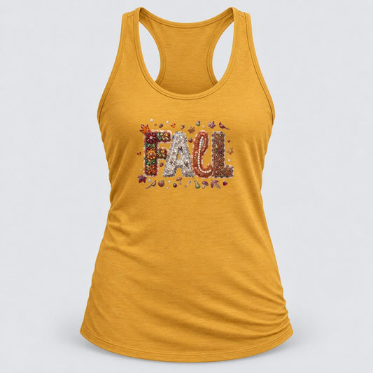 Jeweled Fall Letters racerback tank in Antique Gold