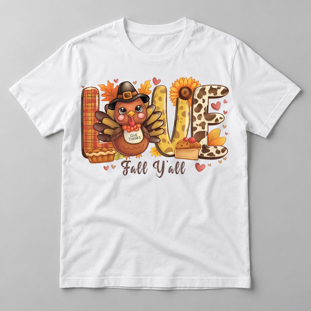 Love Fall Y'all pressed on a White tee