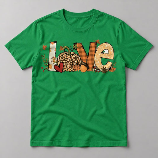 Love Patchwork Pumpkin tee in Kelly Green