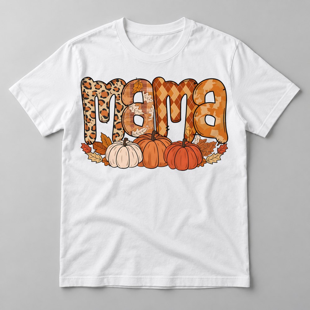 Mama Fall pressed on a White tee