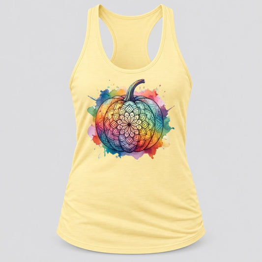 Mandala Rainbow Pumpkin racerback tank in Banana Cream