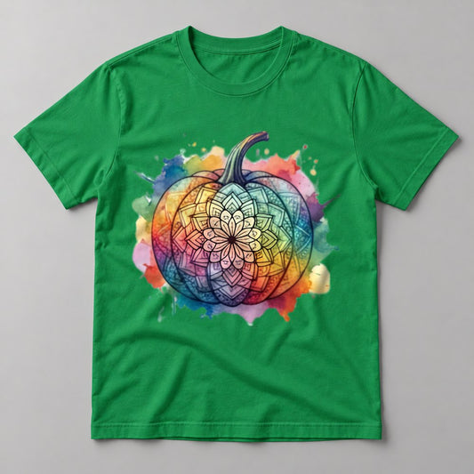Mandala Rainbow Pumpkin tee in Kelly Green