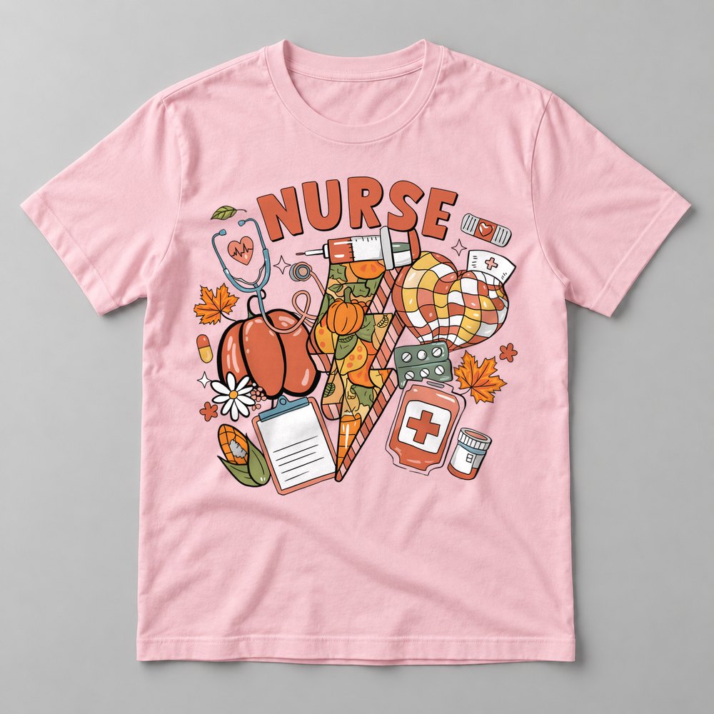 Nurse Fall Collage pressed on a Soft Pink tee