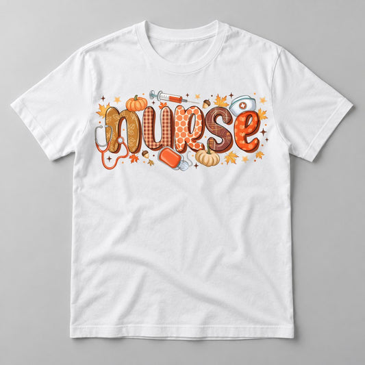 Nurse Fall Lettering pressed on a White tee