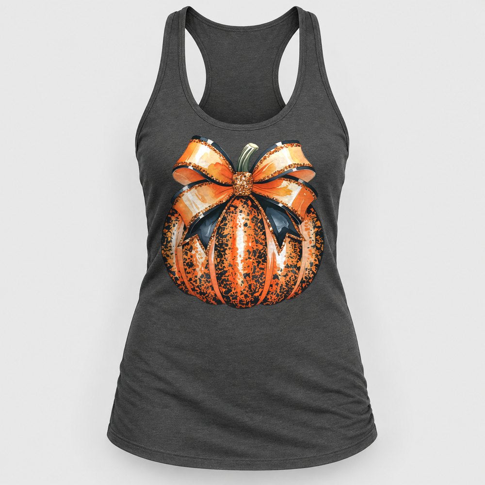 Orange Glitter Bow Pumpkin Racerback Tank