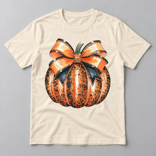 Orange Glitter Bow Pumpkin tee in Natural