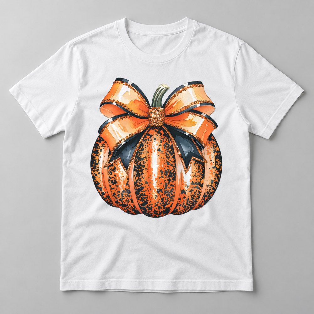 Orange Glitter Bow Pumpkin pressed on a White tee