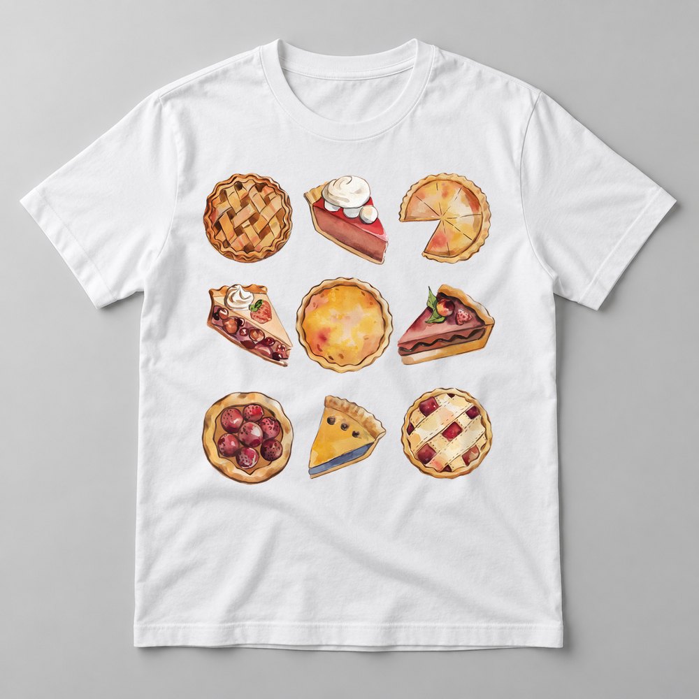 Pies Assortment pressed on a White tee