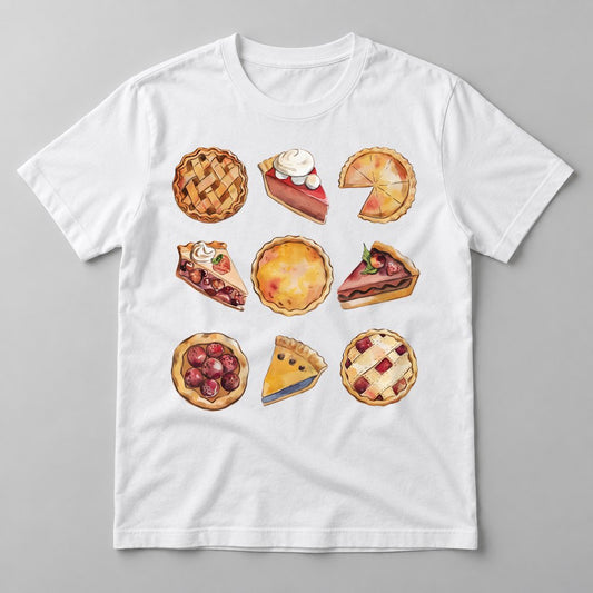 Pies Assortment pressed on a White tee