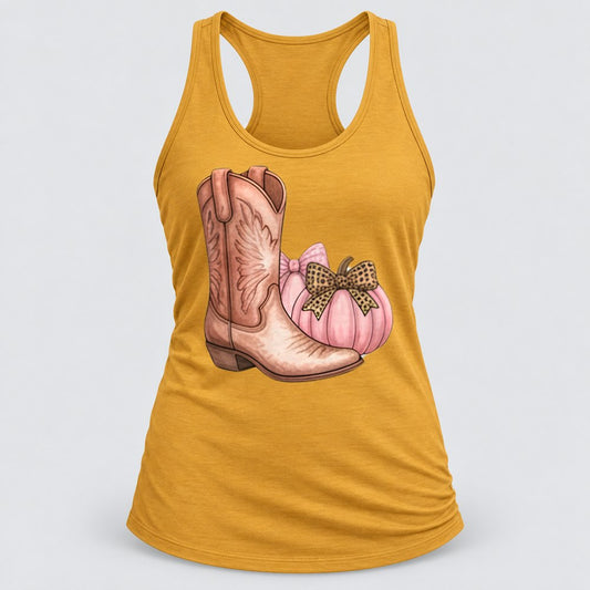 Pink Cowgirl Boot & Pumpkin racerback tank in Antique Gold