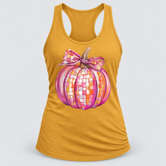 Pink Disco Pumpkin racerback tank in Antique Gold