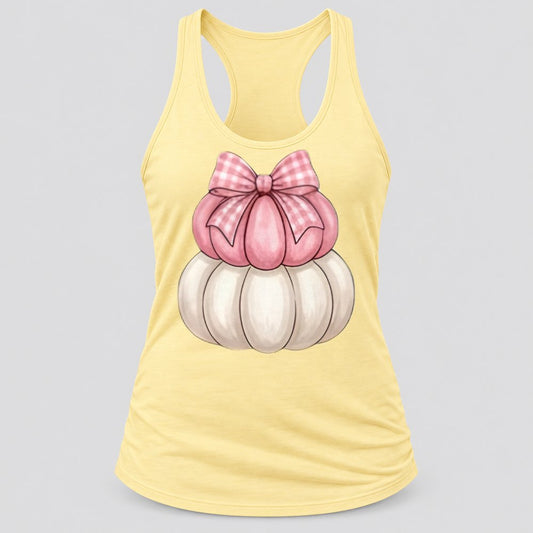 Pink Gingham Bow Pumpkins racerback tank in Banana Cream