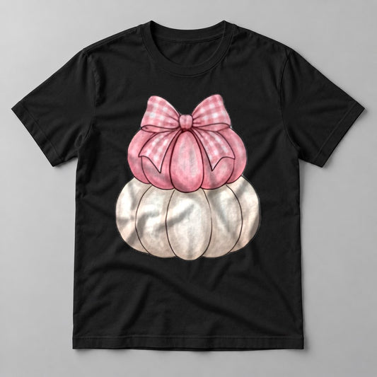 Pink Gingham Bow Pumpkins tee in Black