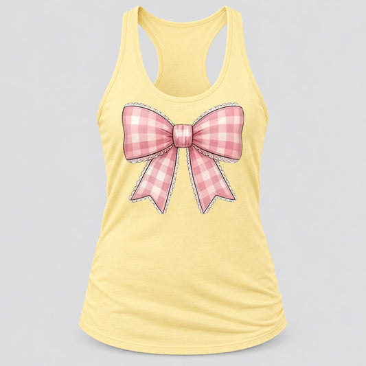 Pink Gingham Coquette Bow racerback tank in Banana Cream
