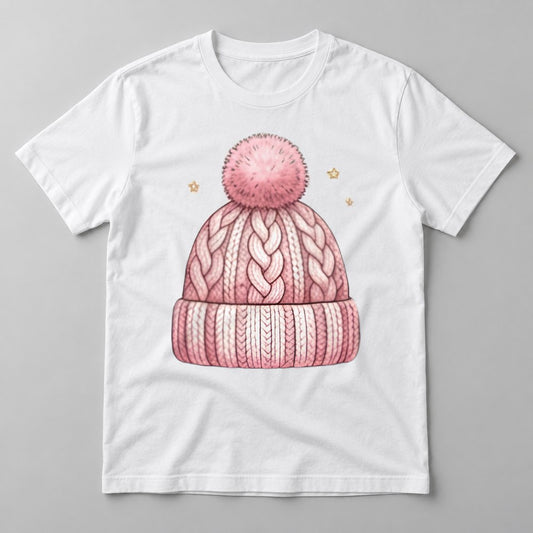 Pink Knit Beanie tee in White