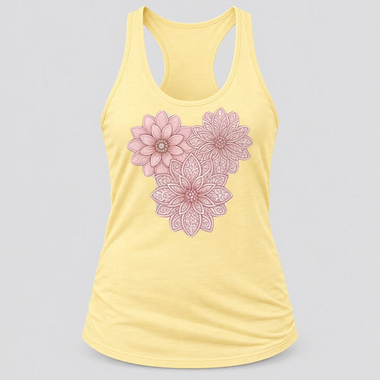 Pink Lace Mandala Heart racerback tank in Banana Cream