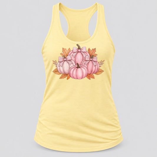 Pink Pumpkin Patch Bows racerback tank in Banana Cream