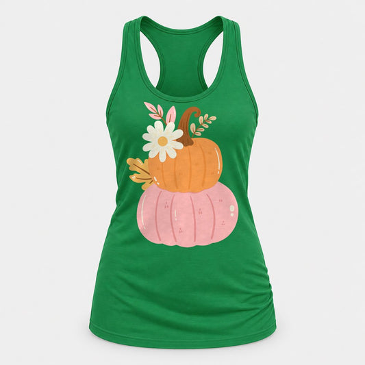 Pink Pumpkin Stack Daisy racerback tank in Kelly Green
