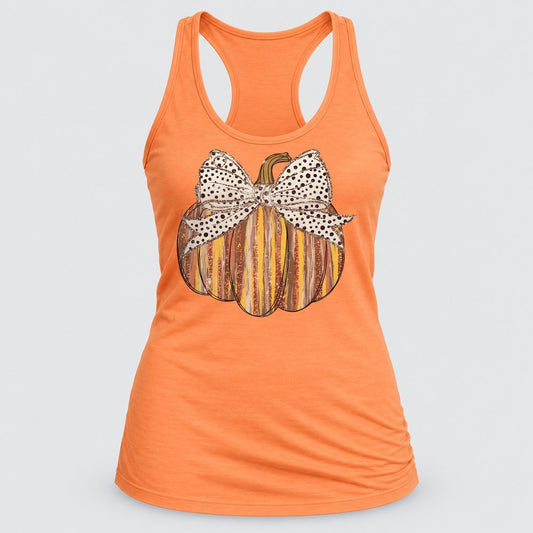 Polka Dot Bow Pumpkin racerback tank in Light Orange