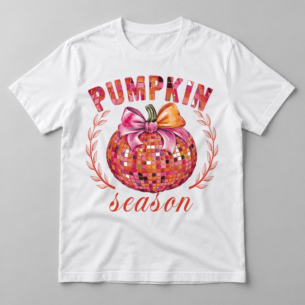 Pumpkin Season Disco pressed on a White tee