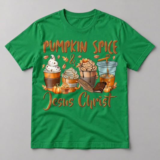 Pumpkin Spice & Jesus Christ tee in Kelly Green