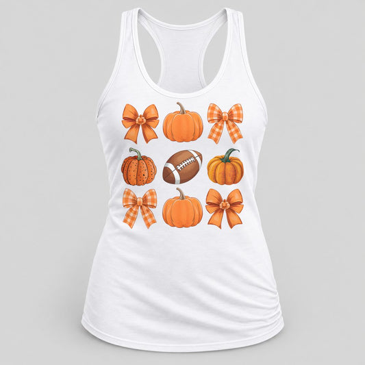 Pumpkins, Bows & Football racerback tank in White