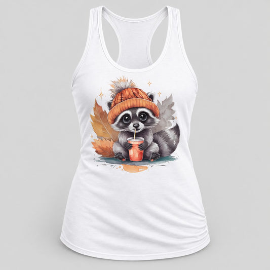 Raccoon in a Beanie racerback tank in White