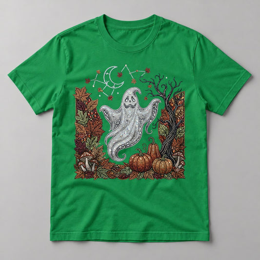 Rhinestone Ghost Woods tee in Kelly Green