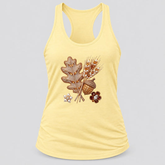 Rhinestone Oak Leaf & Wheat racerback tank in Banana Cream
