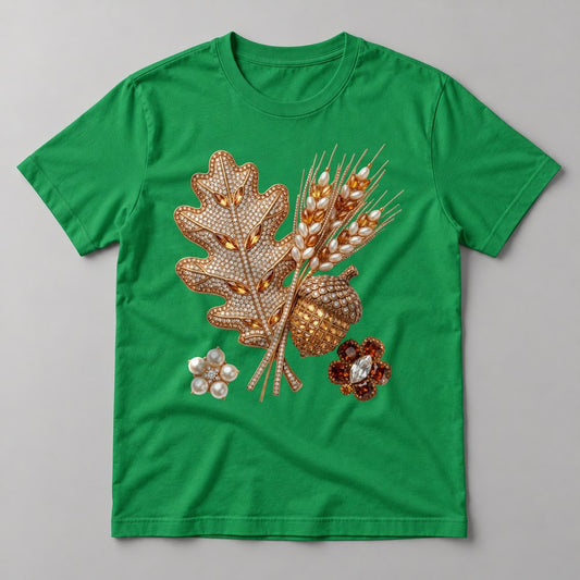 Rhinestone Oak Leaf & Wheat tee in Kelly Green