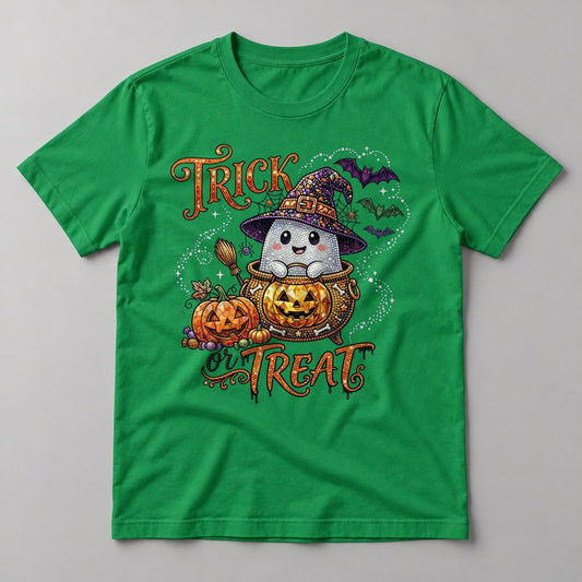 Rhinestone Trick or Treat Ghost tee in Kelly Green