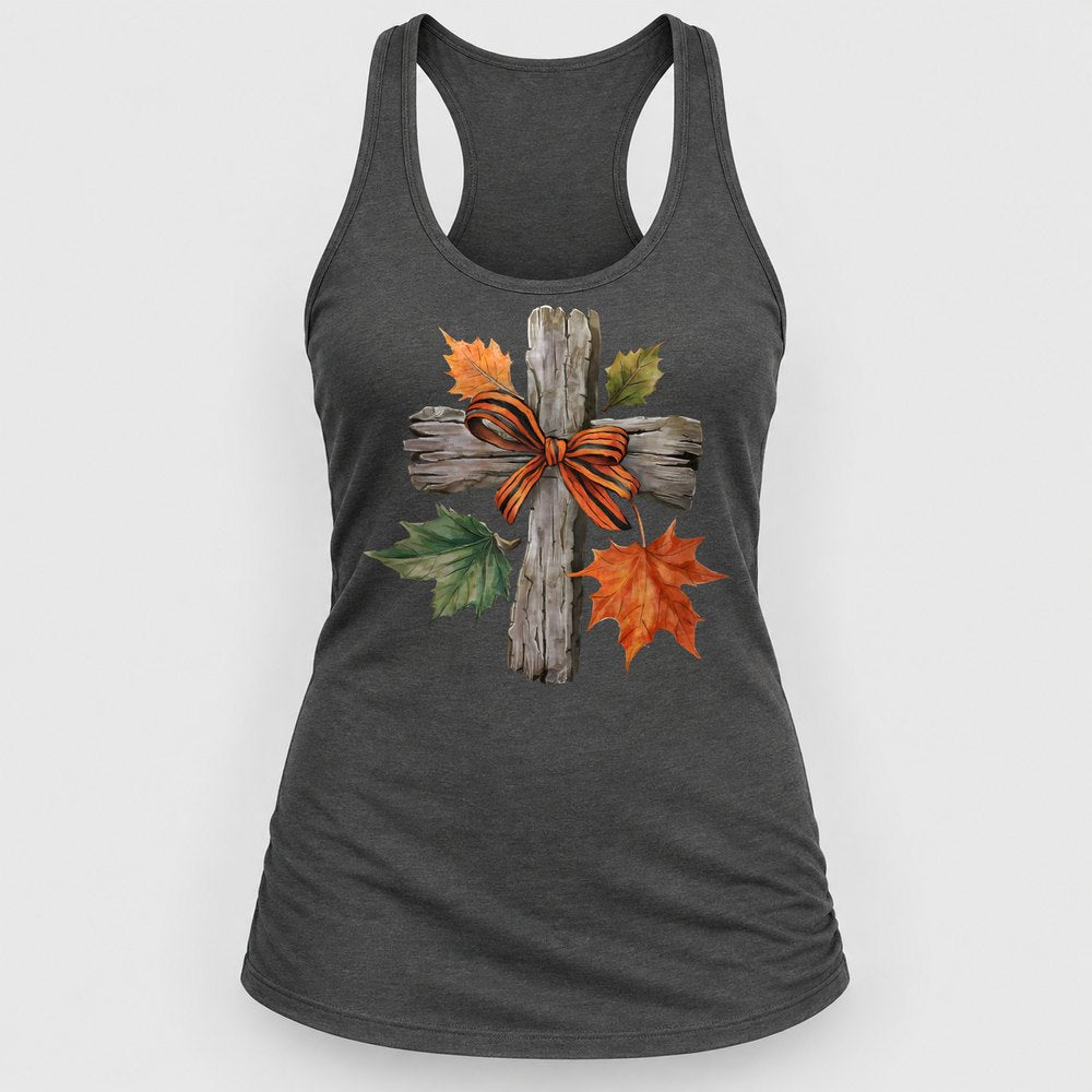 Rustic Cross Autumn Leaves Racerback Tank