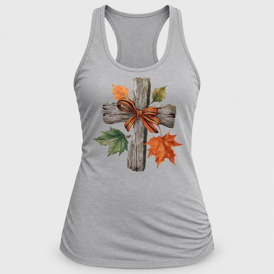 Rustic Cross Autumn Leaves racerback tank in Silver