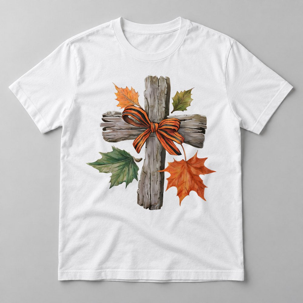 Rustic Cross Autumn Leaves pressed on a White tee