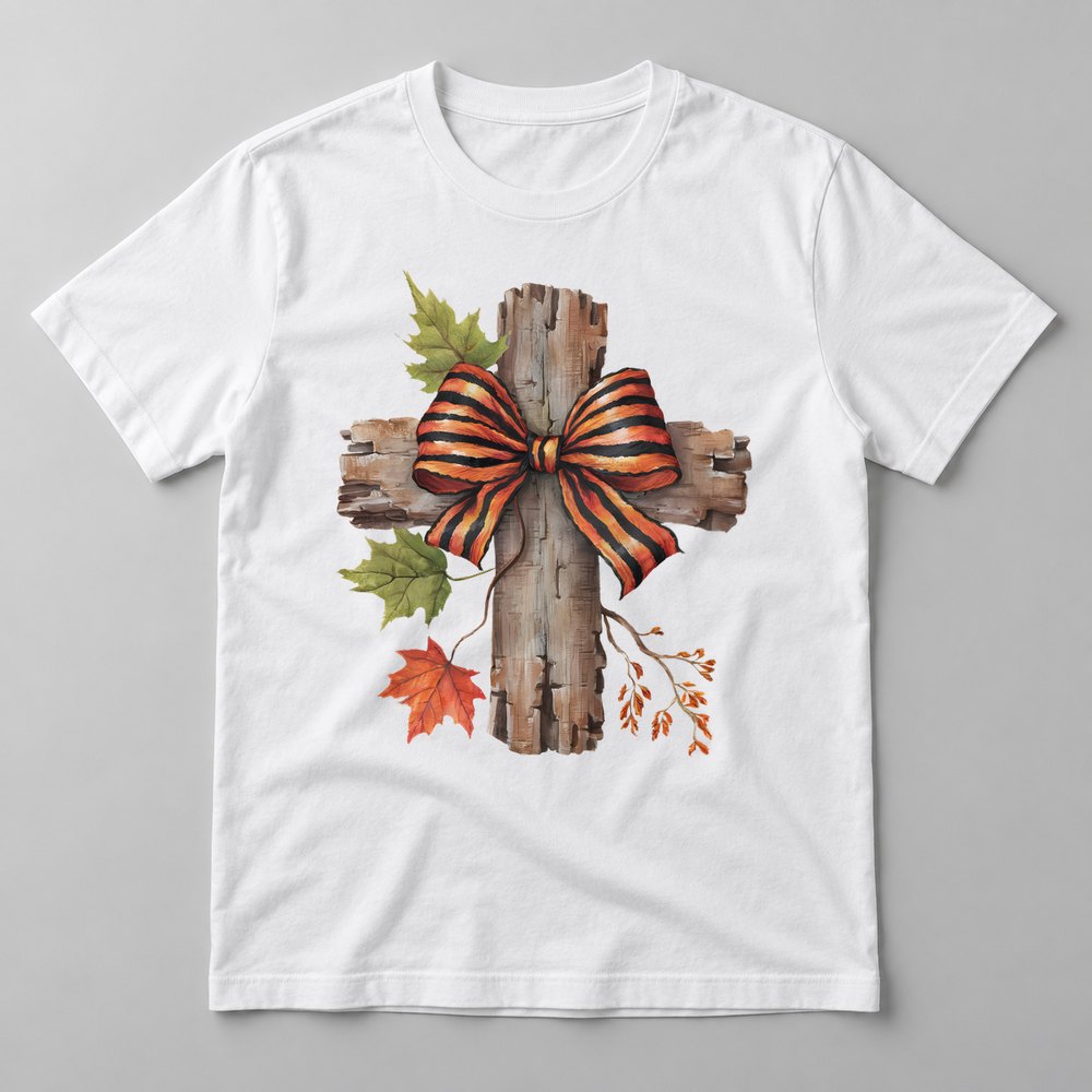 Rustic Cross with Bow pressed on a White tee