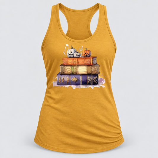 Spooky Books & Pumpkins racerback tank in Antique Gold