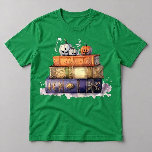 Spooky Books & Pumpkins tee in Kelly Green