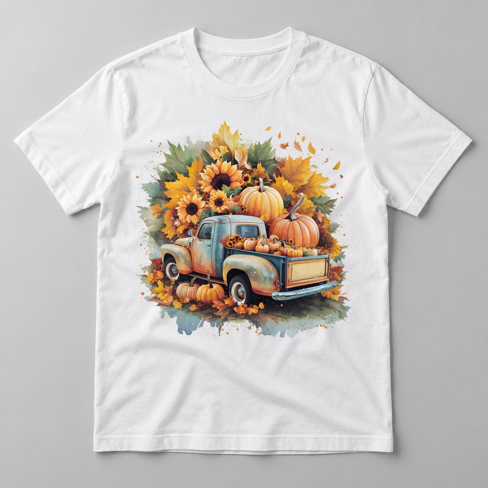 Sunflower Pumpkin Truck pressed on a White tee