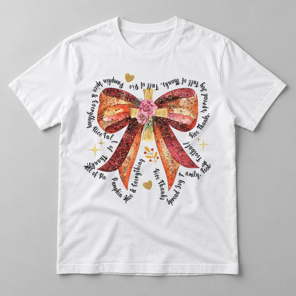 Thankful Glitter Bow tee in White