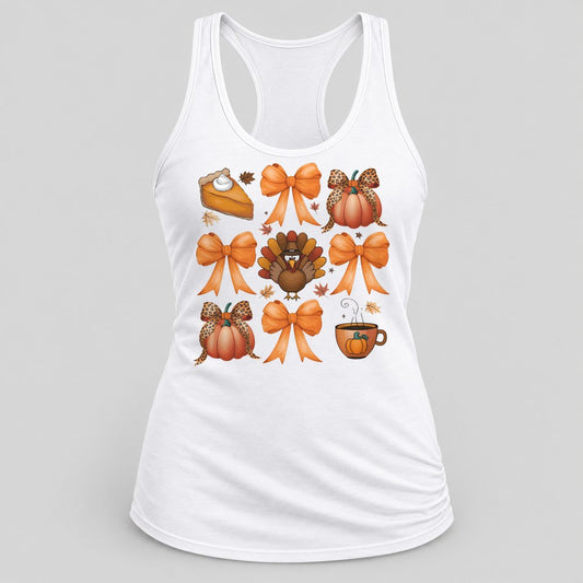 Thanksgiving Bows & Turkey racerback tank in White