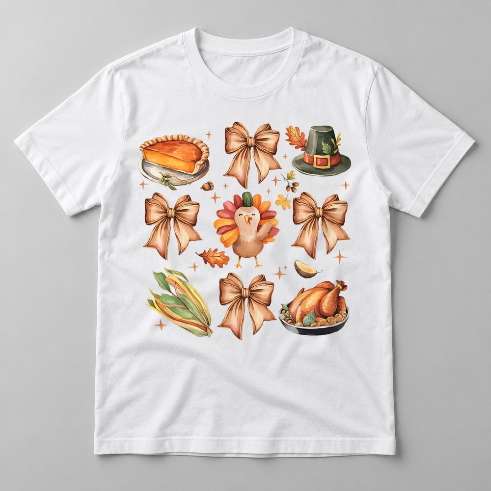 Thanksgiving Coquette Patch pressed on a White tee