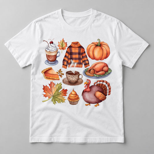 Thanksgiving Favorites pressed on a White tee