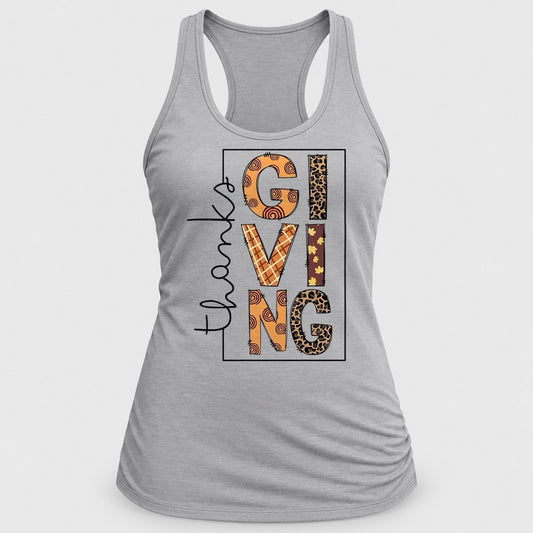 Thanksgiving Patchwork Letters racerback tank in Silver